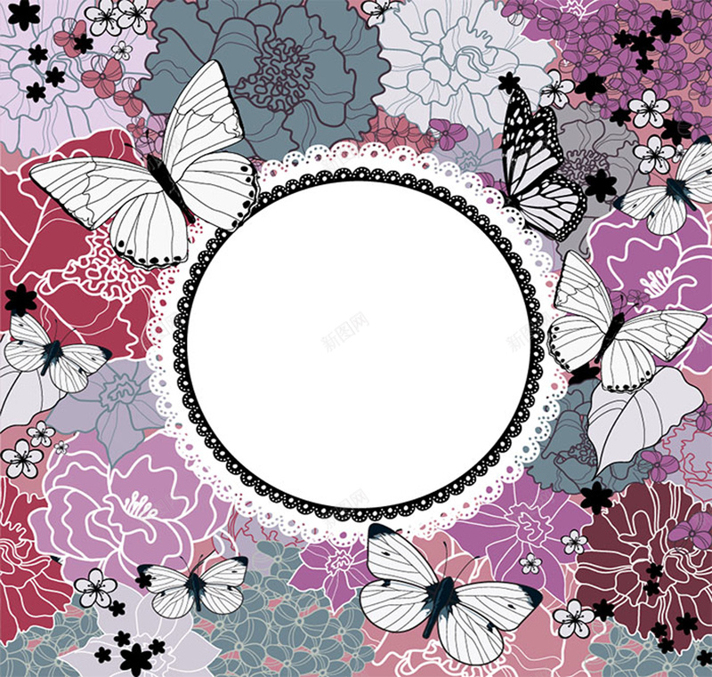 线描蝴蝶花朵背景矢量图psd设计背景_88icon https://88icon.com 圆形 矢量图 纹理 线描 背景 花卉 花纹 蝴蝶 装饰 质感 边框