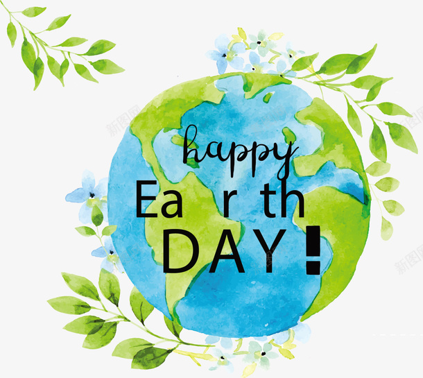 世界地球日快乐蓝色地球png免抠素材_88icon https://88icon.com Day Earth Happy 世界地球日快乐 水彩 绿色叶子 蓝色地球