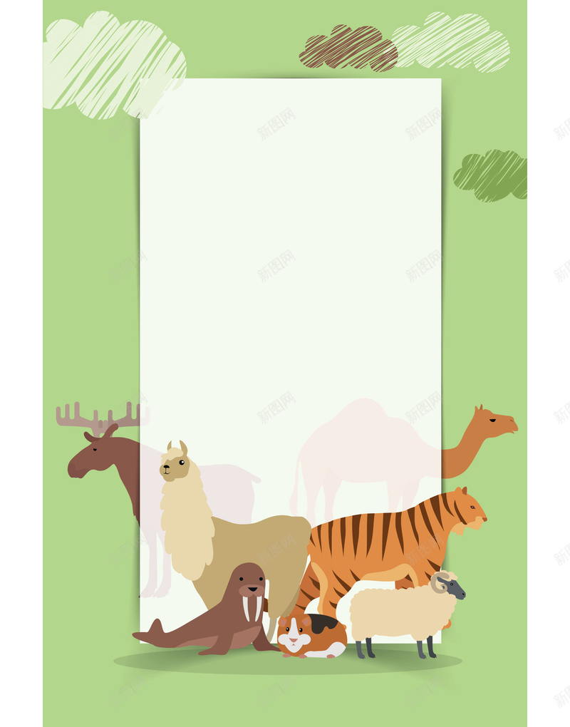 绿色背景手绘卡通平面广告矢量图ai设计背景_88icon https://88icon.com 兴趣班招生 动物 卡通背景 平面广告 手绘背景 插画 简约边框 绘画美术 绿色背景 边框 矢量图
