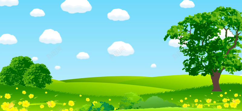 卡通草原背景图jpg设计背景_88icon https://88icon.com 卡通 手绘 树木 海报banner 童趣 草原 黄花
