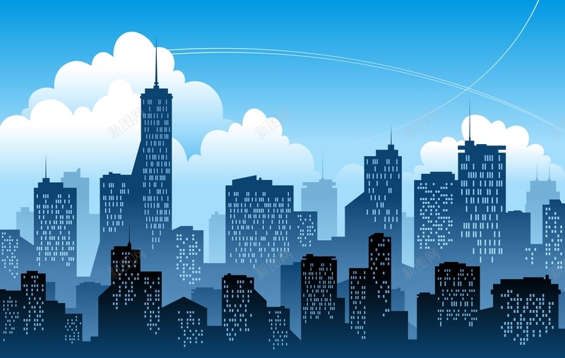 蓝色的城市剪影矢量图模板ai设计背景_88icon https://88icon.com 剪影 城市 城市剪影海报 建筑 白云 蓝天 矢量图