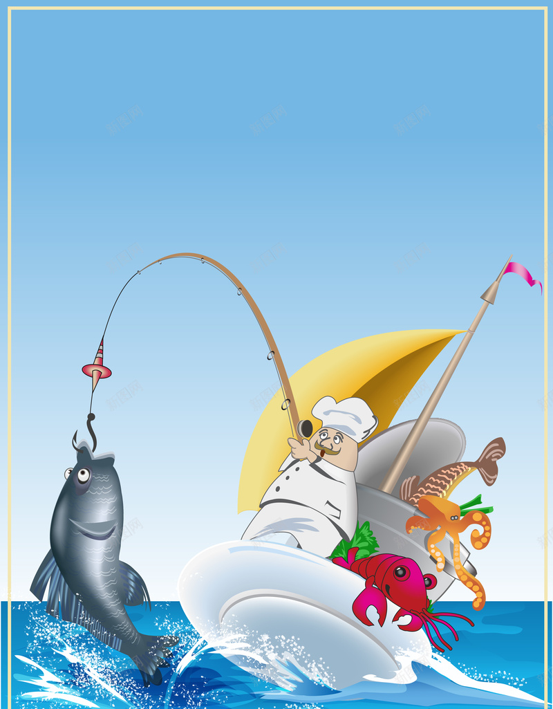 海产品创意海报矢量图ai设计背景_88icon https://88icon.com 卡通 开心 手绘 水产 海产品 海鲜 渔夫 渔船 童趣 虾 钓鱼 鱼 矢量图