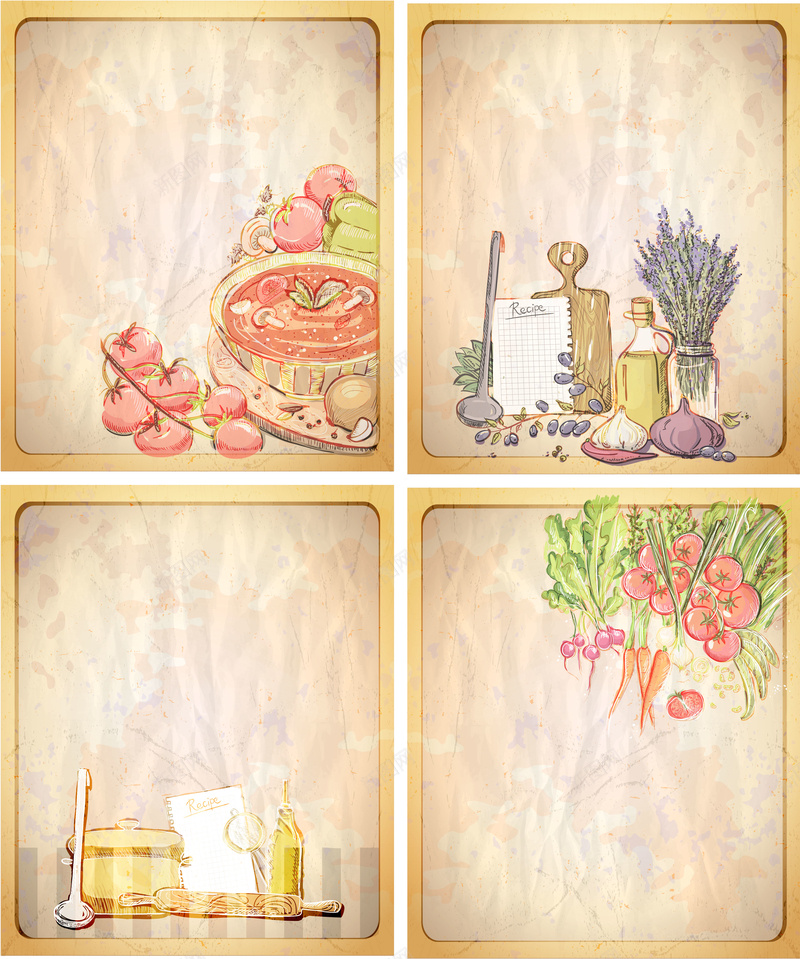 手绘复古美食海报矢量图ai设计背景_88icon https://88icon.com 创意 卡通 厨房 复古 幸福 彩绘 手绘 海报 童趣 美食 背景 胡萝卜 蔬菜 西红柿 矢量图