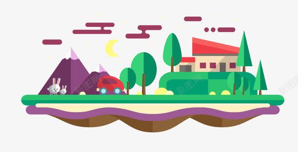 扁平化景观png免抠素材_88icon https://88icon.com 太阳 山 扁平化景观 树木 汽车 矢量房屋 草地
