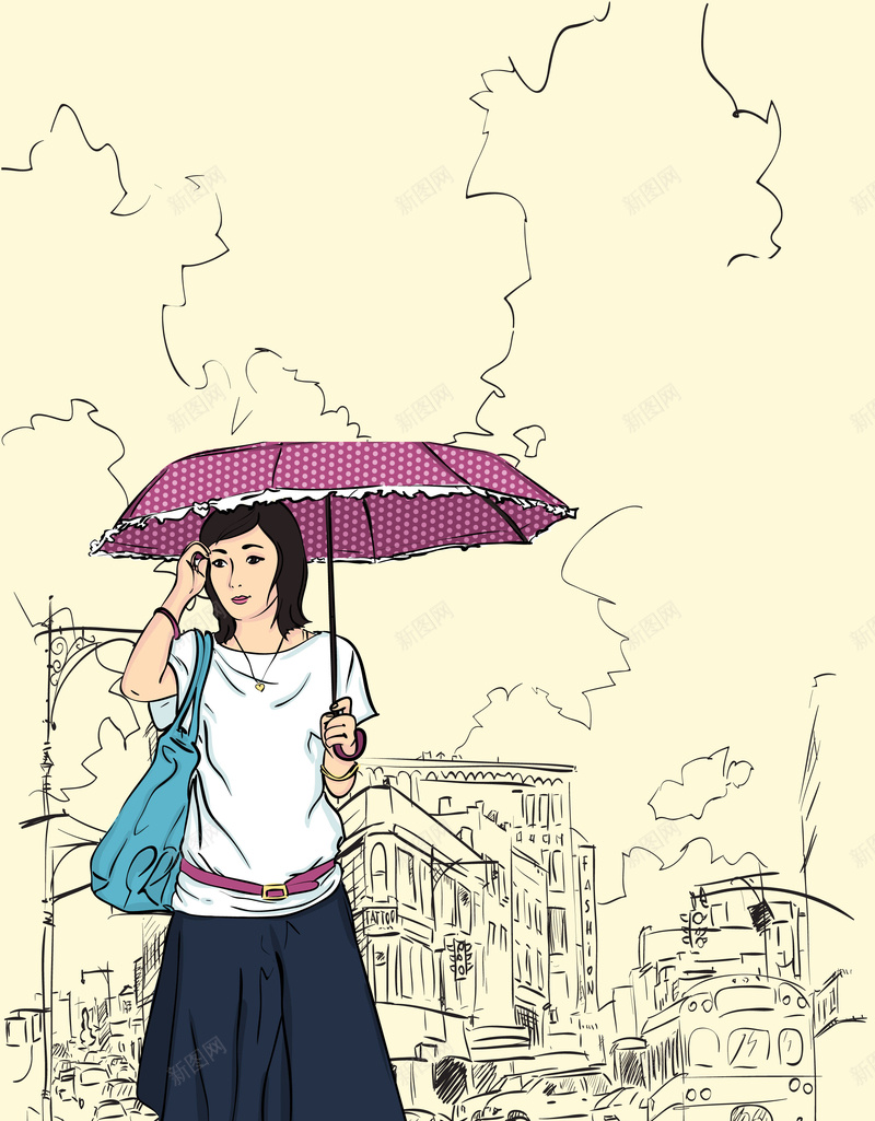 线条城市女孩旅游海报背景矢量图ai设计背景_88icon https://88icon.com 包 卡通 卡通时尚美女 手绘 时尚 潮流人物 线稿 美女 背包 街景 裙子 速写 雨伞 矢量图
