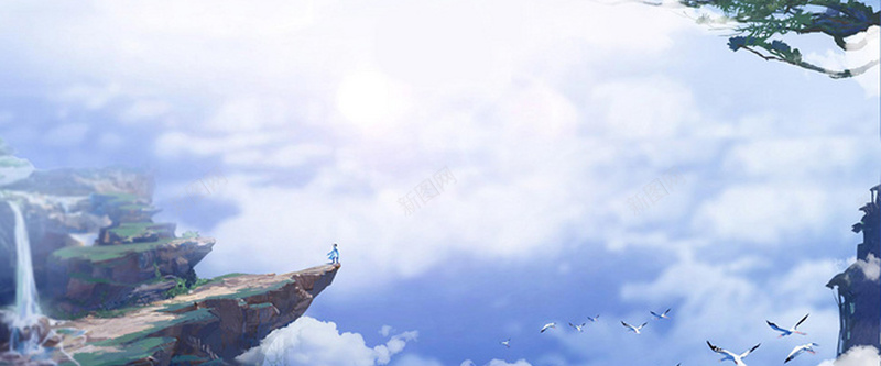 仙境悬崖瀑布飞鸟天空卡通jpg设计背景_88icon https://88icon.com 中国风 仙境 卡通 天空 悬崖 海报banner 瀑布 飞鸟
