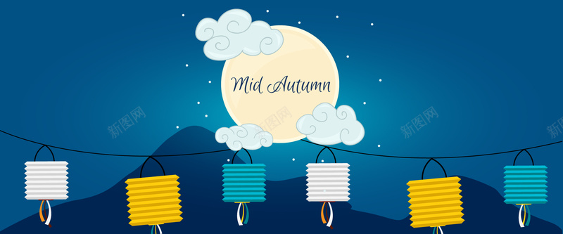 中秋节的月亮和装饰的美丽的夜晚背景psd设计背景_88icon https://88icon.com 中秋 中秋节 中秋装饰 夜晚 月亮 海报banner 灯笼 美丽 蓝色背景