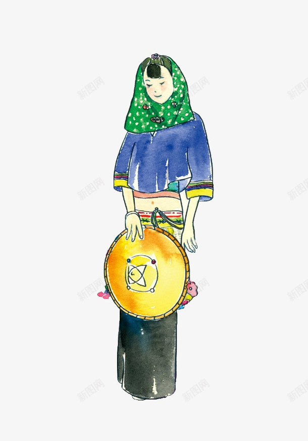拿草帽的惠安女孩水彩画png免抠素材_88icon https://88icon.com 惠安女 惠安女孩 水彩画 绿头巾 草帽