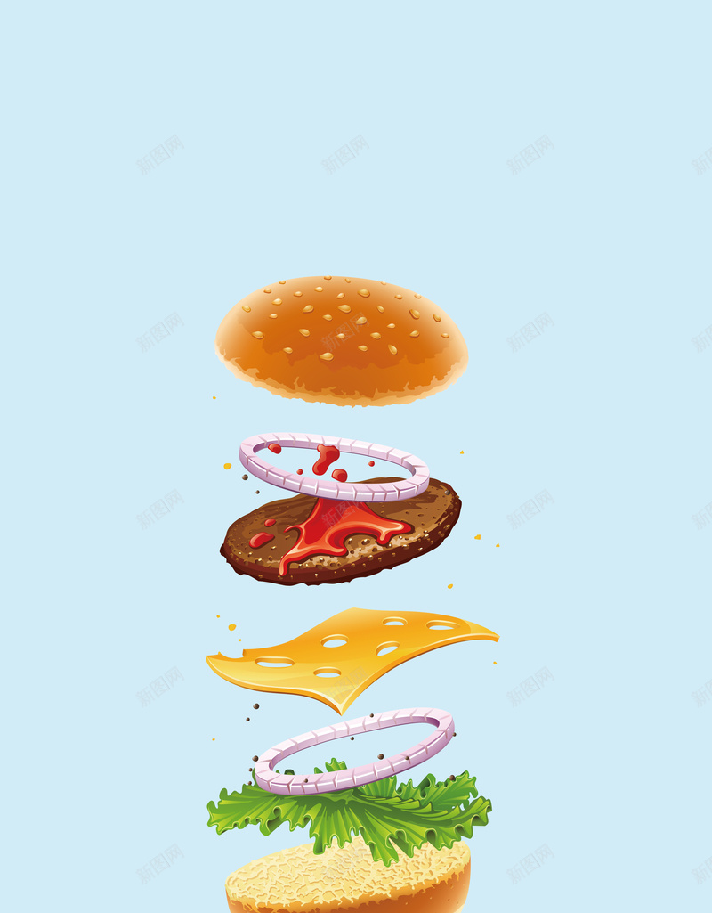 清新美味汉堡剖析分层海报背景矢量图ai设计背景_88icon https://88icon.com 开心 扁平化 汉堡 汉堡面包 洋葱圈 海报 清新 生菜 矢量 素材 美味 肉片 背景 芝士 酱汁 矢量图