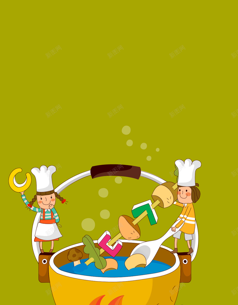 绿色背景上的小小厨师H5矢量图ai设计背景_88icon https://88icon.com H5素材 卡通 厨师 木柴 火锅 矢量 绿色背景 美食 调料 矢量图