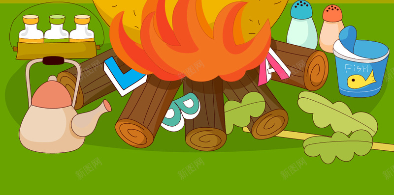 绿色背景上的小小厨师H5矢量图ai设计背景_88icon https://88icon.com H5素材 卡通 厨师 木柴 火锅 矢量 绿色背景 美食 调料 矢量图