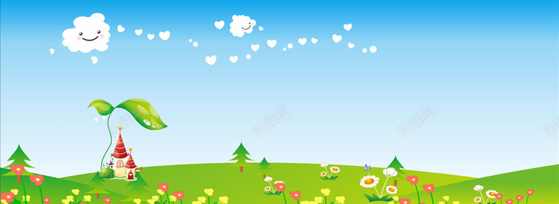 绿色郊外蓝天绿草插画背景jpg设计背景_88icon https://88icon.com 儿童 卡通 小清新 手绘 海报banner 白云 童趣 绿色植物 蓝天