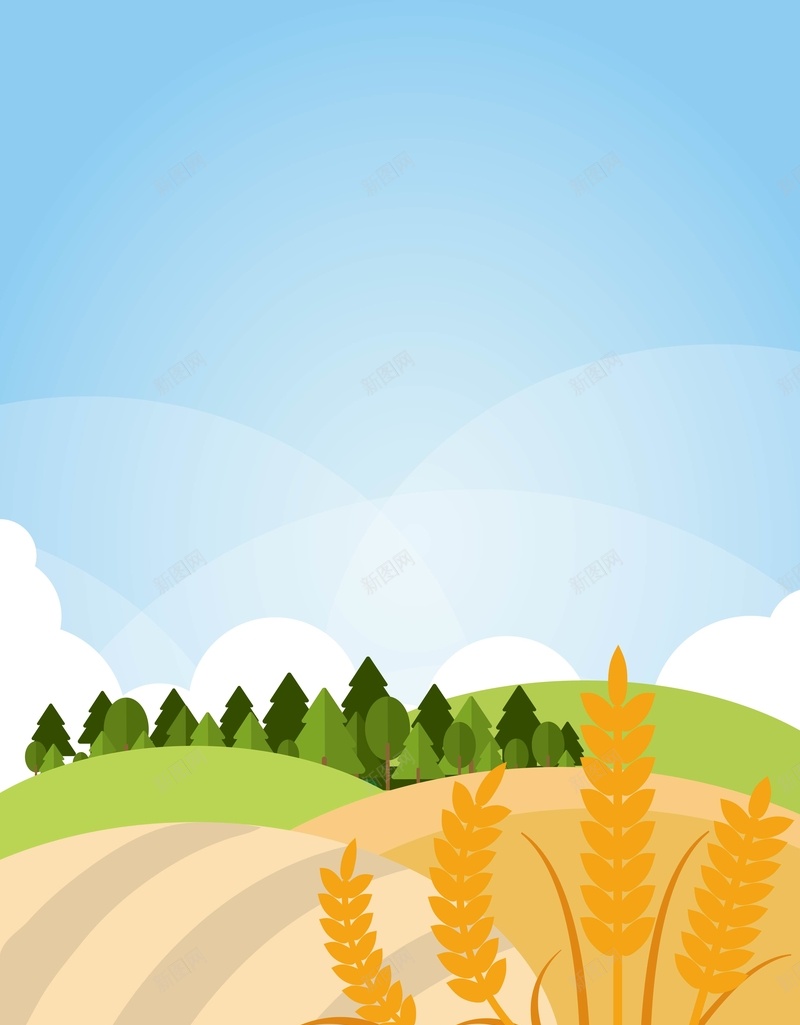 矢量手绘扁平化小麦风景背景ai设计背景_88icon https://88icon.com 丰收 小麦 扁平化 手绘 收获 海报 矢量 背景 良田 蓝天 风景 矢量图
