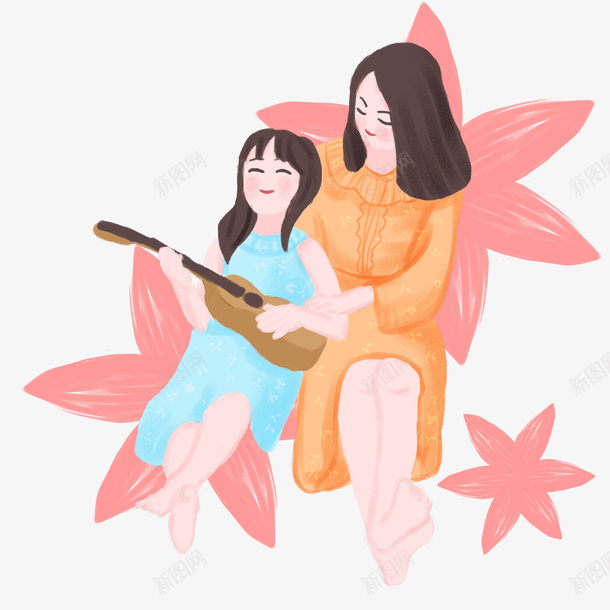 粉色花朵上的母女png免抠素材_88icon https://88icon.com 乐器 卡通人物 卡通手绘 小提琴 母与女 母女 粉色花朵 装饰图
