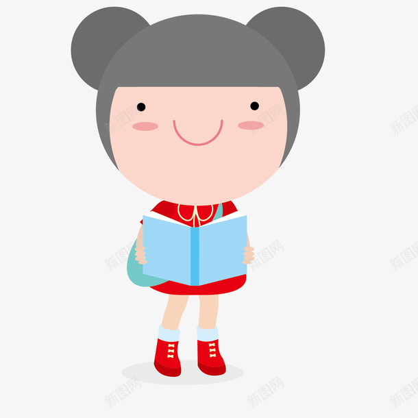 微笑看书的可爱孩子矢量图ai免抠素材_88icon https://88icon.com 个性 丸子头 书本 双丸子头 手绘 矢量图 红色 绘画 蓝色书籍 衣服