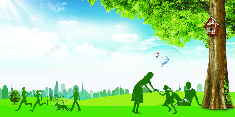 绿色环保背景psd设计背景_88icon https://88icon.com 卡通 卡通树屋 城市 大树 奔跑 散步 树屋 气球 环保 白云 绿色 草地 蓝天 遛狗 野餐