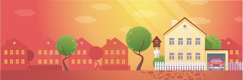 红色背景卡通房子房地产行业淘宝背景矢量图ai设计背景_88icon https://88icon.com 几何 别墅 卡通 小汽车 房地产 房子 扁平 树木 红色 钥匙 矢量图