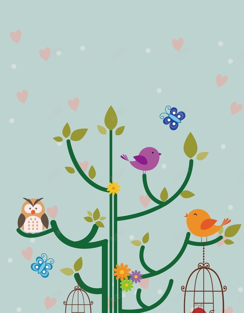 绿色树枝上的彩色小鸟背景矢量图ai设计背景_88icon https://88icon.com AI 卡通 小鸟 快乐 树枝 海报 爱心 矢量图 背景 蓝色 高清背景图 鸟笼