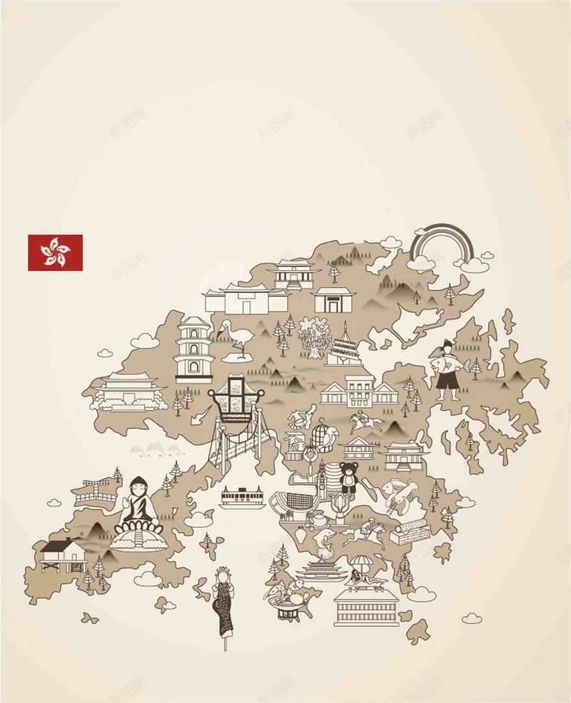 手绘矢量旅游香港景点做旧紫荆地图海报背景ai设计背景_88icon https://88icon.com 中华人民共和国香港特别行政区 中国香港 中环 大佛 太平山 手绘 旅游 景点 矢量 矢量图 紫荆花 跑马 香港 香港地图 香港旅游 香港海报