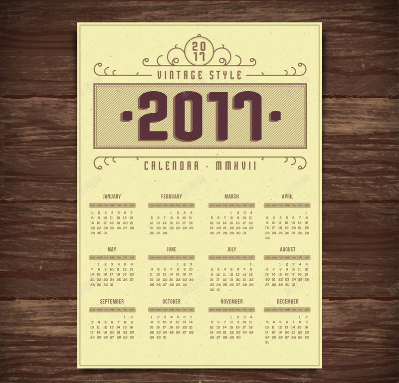 2017咖啡色复古日历背景矢量图ai设计背景_88icon https://88icon.com 2017 咖啡色 复古 怀旧 日历 模板 沉稳 纹理 花纹 质感 黄色 矢量图