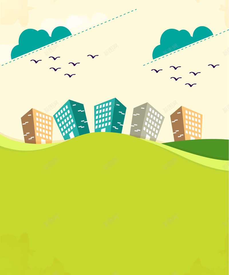 卡通手绘城市地产平面广告矢量图ai设计背景_88icon https://88icon.com 云朵 卡通背景 地产 城市建筑 大雁 平面广告 幼儿园招生 手绘 绿色 矢量图