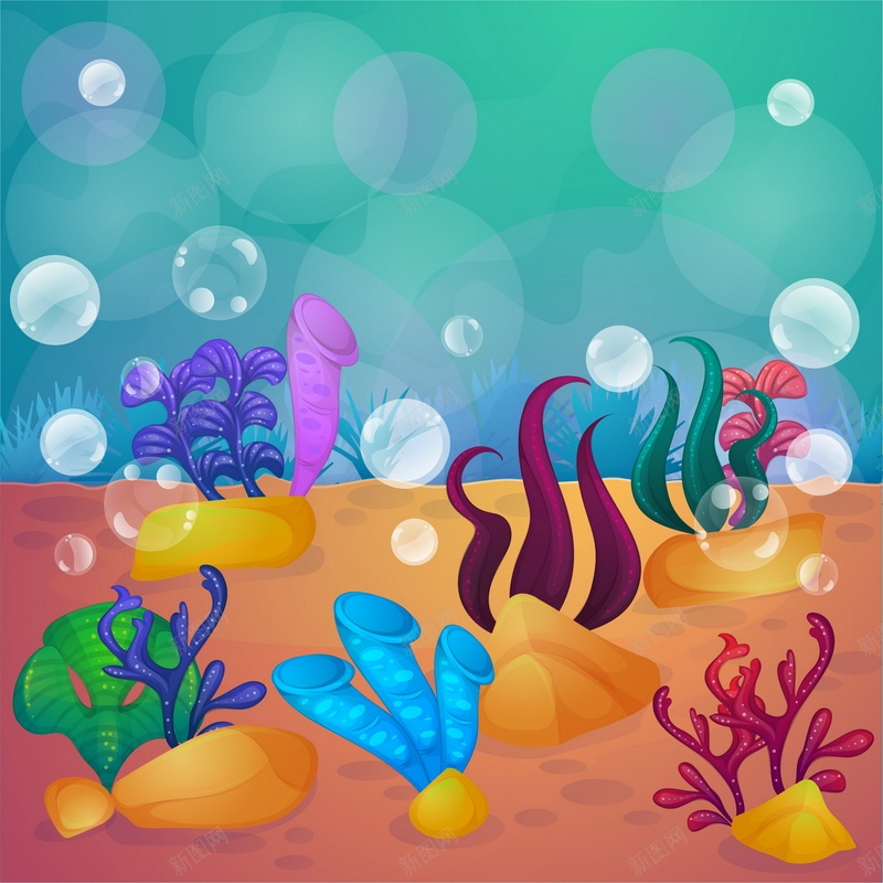 卡通海底世界背景矢量图ai设计背景_88icon https://88icon.com AI 卡通海底世界 大海 平面 广告 模板 气泡 水草 海底 海报 海草 珊瑚 矢量 石头 素材 背景 矢量图