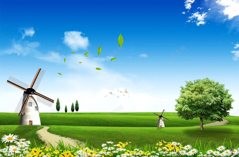 田园风光背景psd设计背景_88icon https://88icon.com 云朵 大风车 树 海报 田园风光 田间小路 背景 草地 蓝天