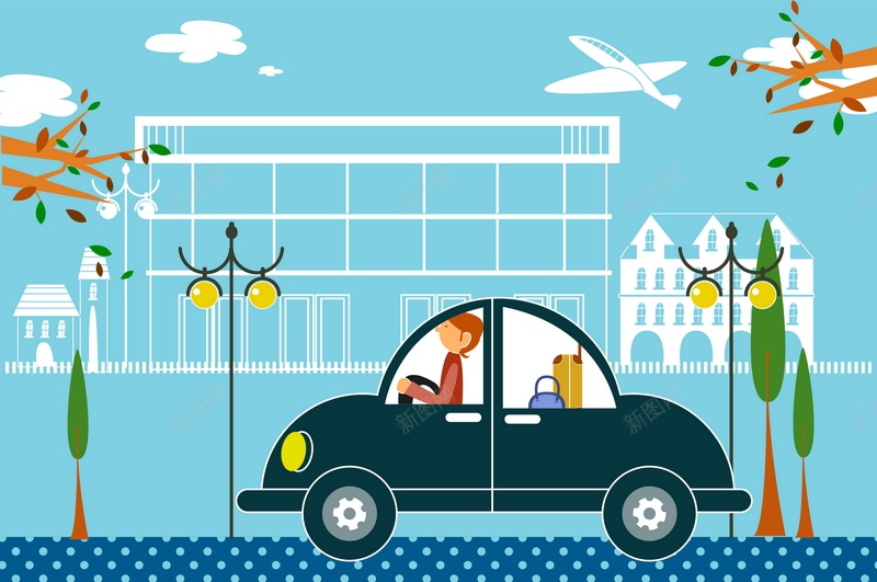 卡通人物开车矢量图ai设计背景_88icon https://88icon.com 人物 卡通 开车 手绘 童趣 行车 街道 矢量图