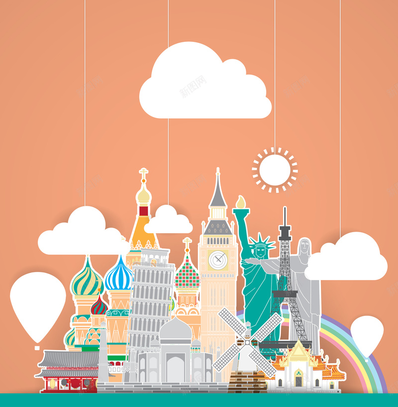 卡通环球旅行插画矢量海报ai_88icon https://88icon.com 卡通 埃菲尔铁塔 大本钟 手绘 旅行插画 环球插画 童趣 自由女神 著名建筑物 矢量图