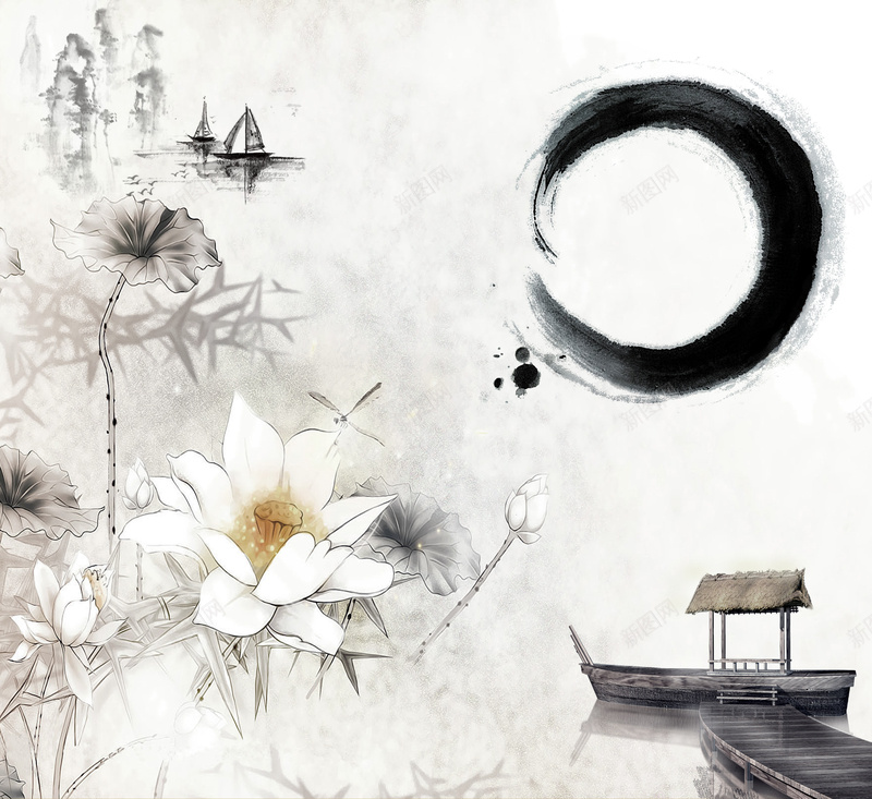 水墨风景邀请函psd设计背景_88icon https://88icon.com 水墨中国风 淤泥而不染 清雅 荷花