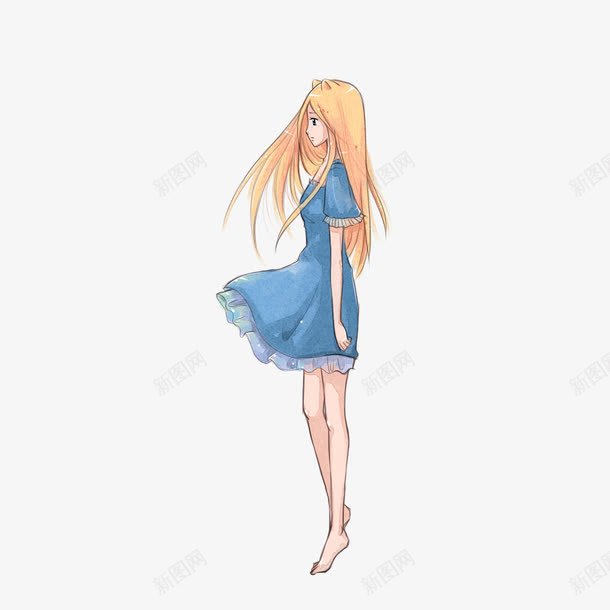 穿蓝裙子的女孩png免抠素材_88icon https://88icon.com PNG图形 卡通 女孩 手绘 装饰 裙子