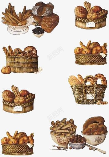 手绘面包png免抠素材_88icon https://88icon.com 卡通面包 复古插画 筐 篮子 美食