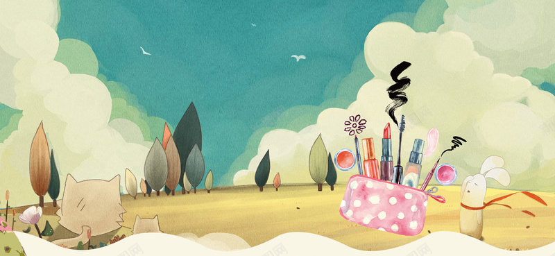 美妆节文艺手绘水粉渲染蓝bannerpsd设计背景_88icon https://88icon.com 化妆 化妆品 卡通 女生 小清新 广告 手绘 文艺 白云 简约 素材 美妆 美妆节 背景 蓝天 设计