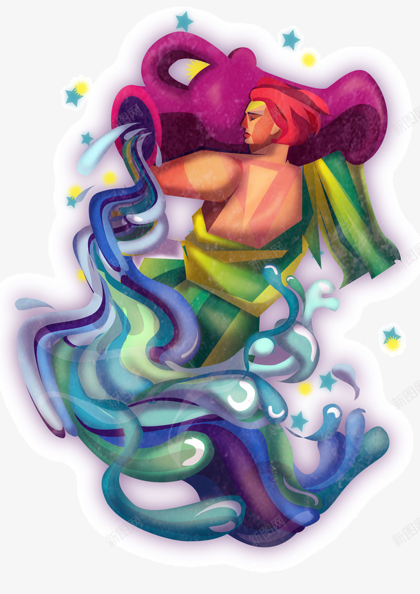 水瓶座星座创意插画png免抠素材_88icon https://88icon.com 创意插画 彩色手绘 手绘平面 插画 星座 水瓶座 读物插画