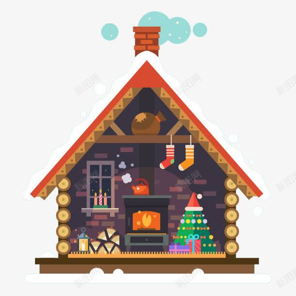 圣诞小屋png免抠素材_88icon https://88icon.com 圣诞小屋 圣诞树 暖炉 雪花