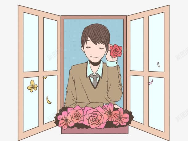 窗户上的男孩png免抠素材_88icon https://88icon.com 卡通人物 卡通小孩 卡通男孩 卡通窗户 卡通鲜花 玻璃