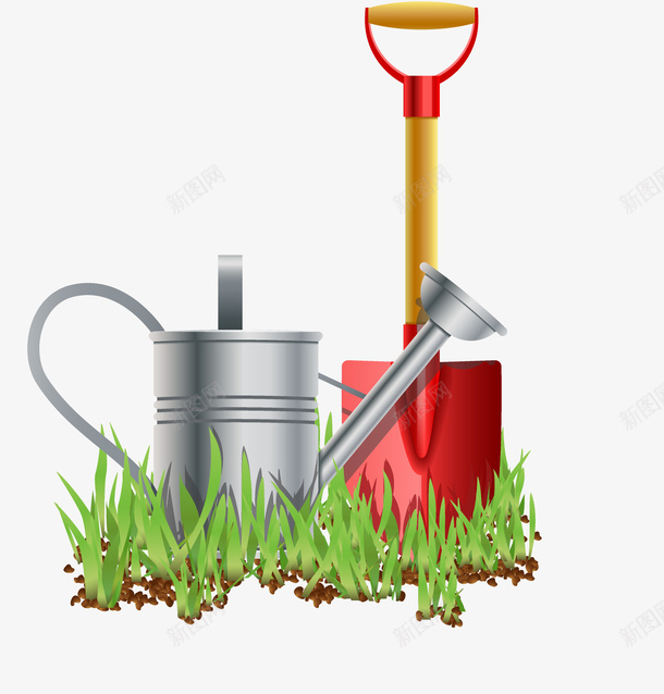 绿色草地上的铲子和水壶png免抠素材_88icon https://88icon.com 卡通手绘 园林 小草 水壶 草地 装饰图 铲子