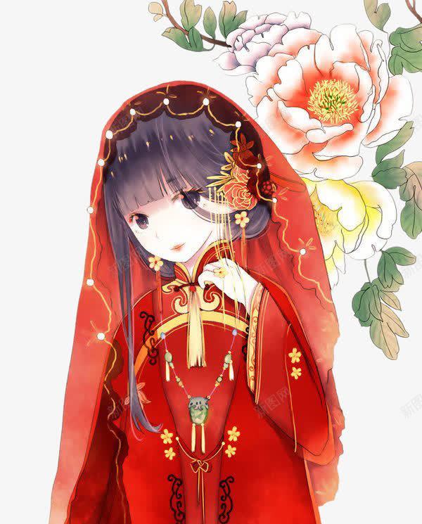 手绘复古新娘png免抠素材_88icon https://88icon.com 中国风 女孩 手绘插画 新娘 红色嫁衣