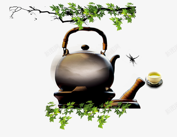 茶壶茶杯psd免抠素材_88icon https://88icon.com 中国风 绿叶 茶具 茶壶