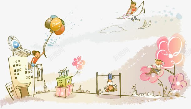 小清新插画png免抠素材_88icon https://88icon.com 城堡里的男人 城市 小清新插画 手绘插画 插画 矢量城堡 矢量花朵 矢量飞人 野花 飞人