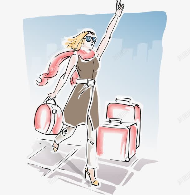 卡通手绘提行李箱招车美女矢量图ai免抠素材_88icon https://88icon.com 卡通的人物 手绘的美女 招车的美女 提行李箱的美女 矢量图