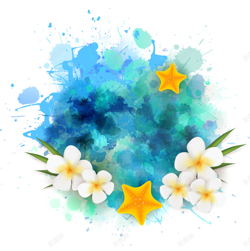 夏日水彩鸡蛋花背景矢量ai设计背景_88icon https://88icon.com 卡通 手绘 水彩鸡蛋花海星夏季度假背景喷溅墨迹温馨 白色 童趣 矢量图