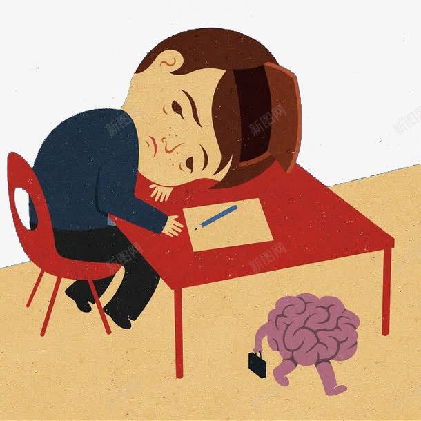 趴在桌上的男子与逃跑的大脑png免抠素材_88icon https://88icon.com 写作业 大脑 插画 男子