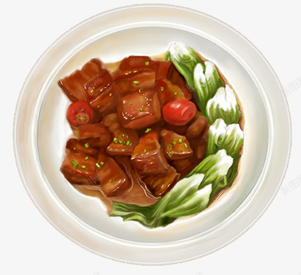 手绘中国菜红烧肉png免抠素材_88icon https://88icon.com 中国菜 中国风 垂涎欲滴 手绘 红烧肉 青菜