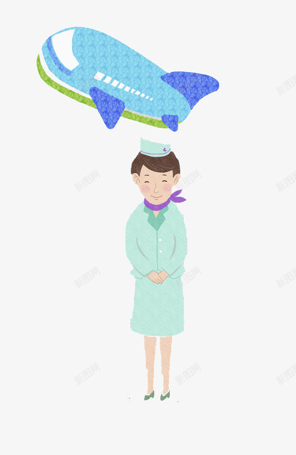 手绘空姐png免抠素材_88icon https://88icon.com 乘务员 卡通 微笑 手绘 空姐 绿色 蓝色 飞机