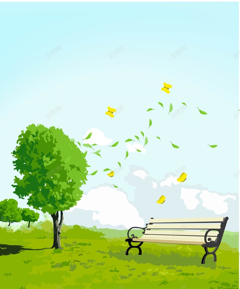 卡通风景蓝天背景矢量ai设计背景_88icon https://88icon.com AI 公园 卡通风景 春天 树 海报 白云 草地 蓝天白云海报背景 蝴蝶 长椅 风 矢量图