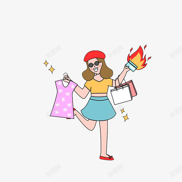 卡通疯狂购物的女孩png免抠素材_88icon https://88icon.com 冒火银行卡 开心购物 手拿衣服 服装手提袋 疯狂购物