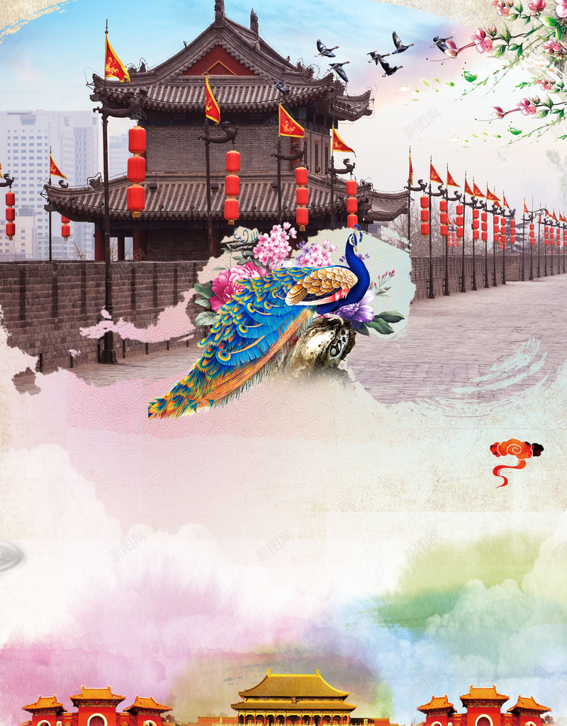 古城西安旅游海报背景psd设计背景_88icon https://88icon.com 中 人文 凤凰 历史 古城 古城西安旅游海报 古建筑 城墙 大雁 大雁塔 文化遗产 西安 陕西