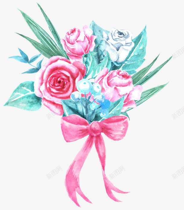 手绘一束鲜花玫瑰花蝴蝶结png免抠素材_88icon https://88icon.com 情人节 手绘 玫瑰 绿叶 蝴蝶结 装饰