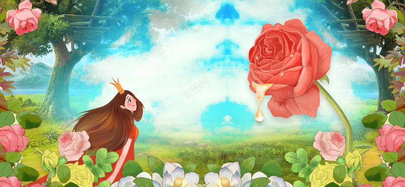 美妆节文艺春天手绘水彩蓝bannerpsd设计背景_88icon https://88icon.com 卡通 女生 小女孩 小清新 广告 手绘 文艺 森林 水彩 白云 简约 素材 背景 花瓣 蓝天 设计